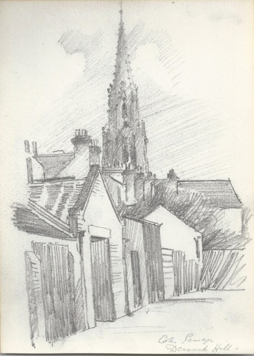 Coldharbour Passage, Denmark Hill, view of St Matthews , Ernest Suttin, pencil drawing, 1907