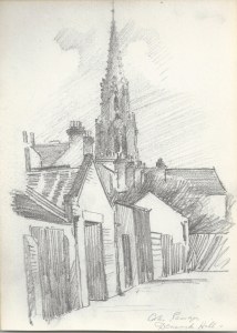 Coldharbour Passage, Denmark Hill, view of St Matthews , Ernest Suttin, pencil drawing, 1907