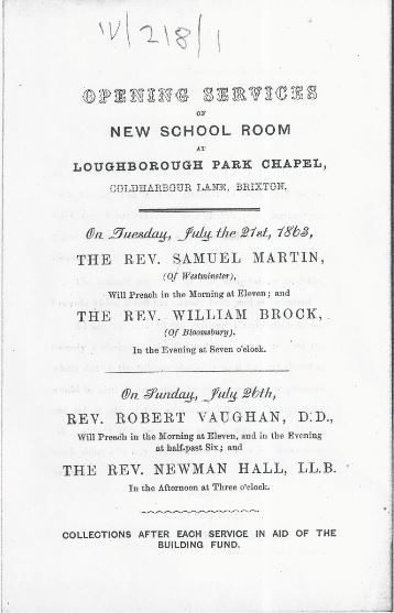 Opening Services for the new Loughborough Park Congregational Church school