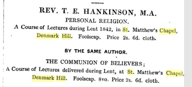 Rev T Hankinson lectures, St Matthews Chapel, 1842