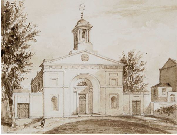 Small monochrome watercolour of Denmark Hill Chapel, Lambeth, 1830's Surrey Archives 9043 2 5 13