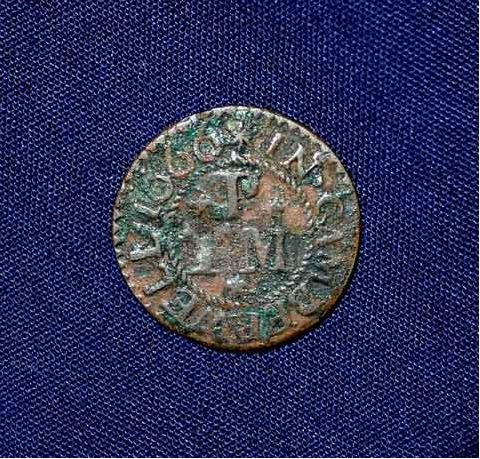 Traders Token Thomas Philips Bulls Head 1666 Surrey History centre front