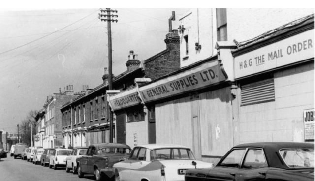 View down Flaxman Road, Loughborough Junction with Headquarters & General HQ side view, 1972