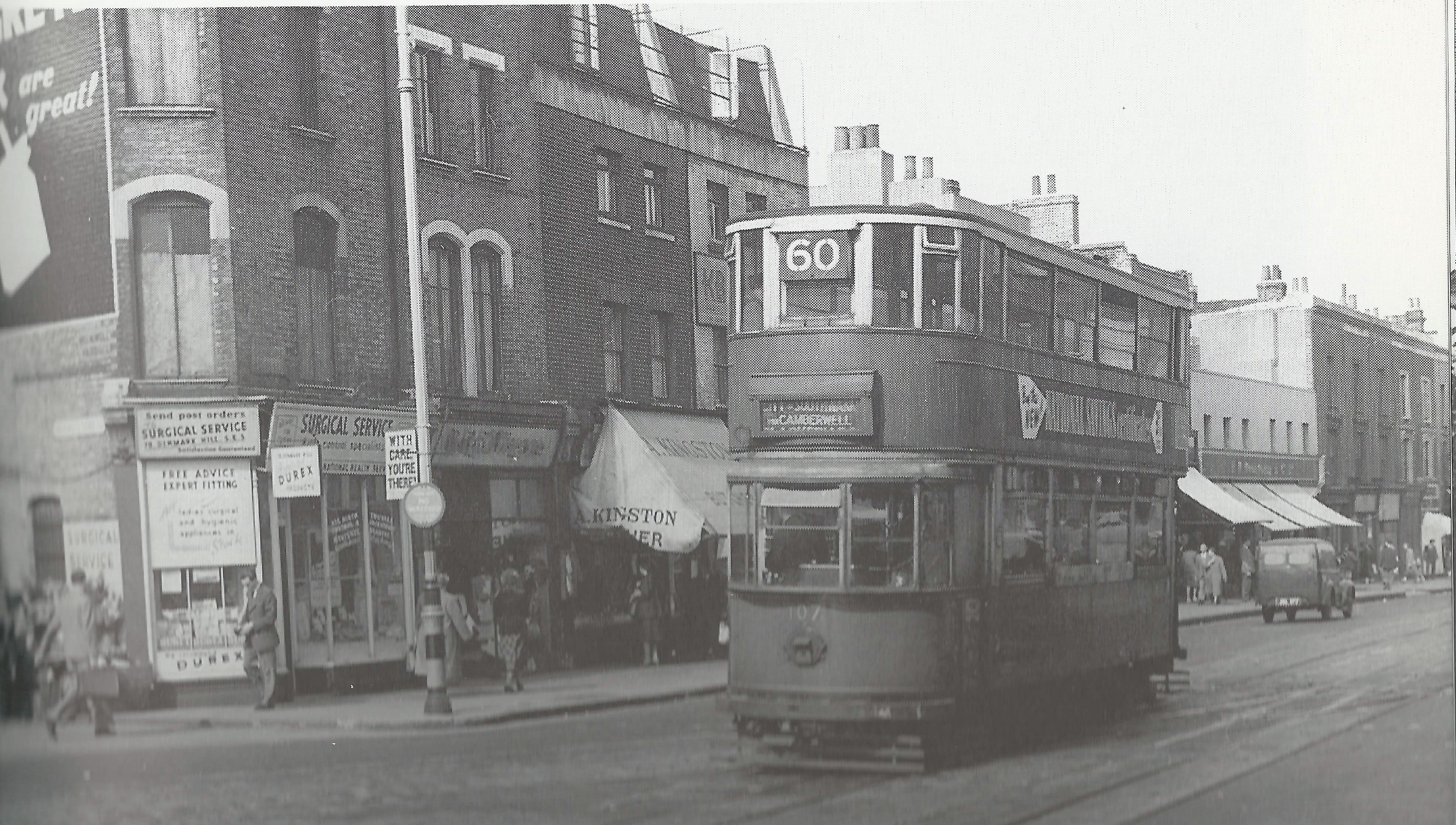 Tram 60 on Denmark Hill at junction of Coldharbour Lane, Photo John H Meredith.jpg